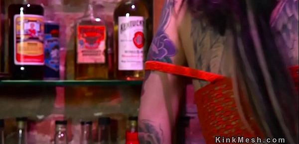  Tattooed shemale bartender anal fucks guy